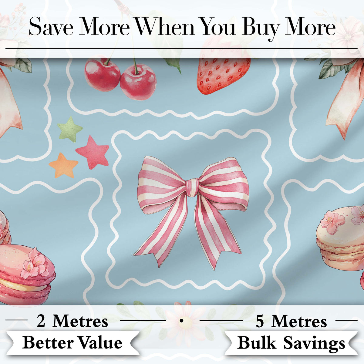 Cute Strawberry Cherry Ribbon Bow Sweet Dessert  Pattern Dusty Blue Background Digital Print Fabric by the Metre UK Sewing Quilting Textile