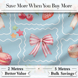 Cute Strawberry Cherry Ribbon Bow Sweet Dessert  Pattern Dusty Blue Background Digital Print Fabric by the Metre UK Sewing Quilting Textile