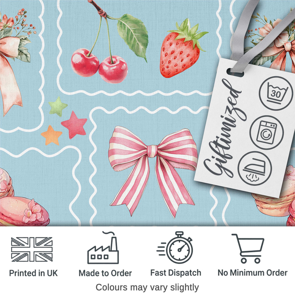 Cute Strawberry Cherry Ribbon Bow Sweet Dessert  Pattern Dusty Blue Background Digital Print Fabric by the Metre UK Sewing Quilting Textile