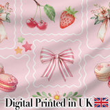 Cute Strawberry Cherry Ribbon Bow Sweet Dessert  Pattern Soft Pink Background Digital Print Fabric by the Metre UK Sewing Quilting Textile