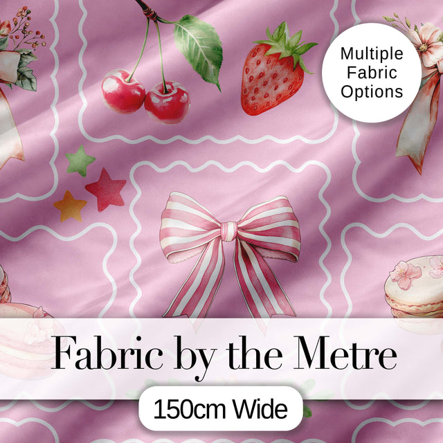 Cute Strawberry Cherry Ribbon Bow Sweet Dessert  Pattern Warm Beige Background Digital Print Fabric by the Metre UK Sewing Quilting Textile
