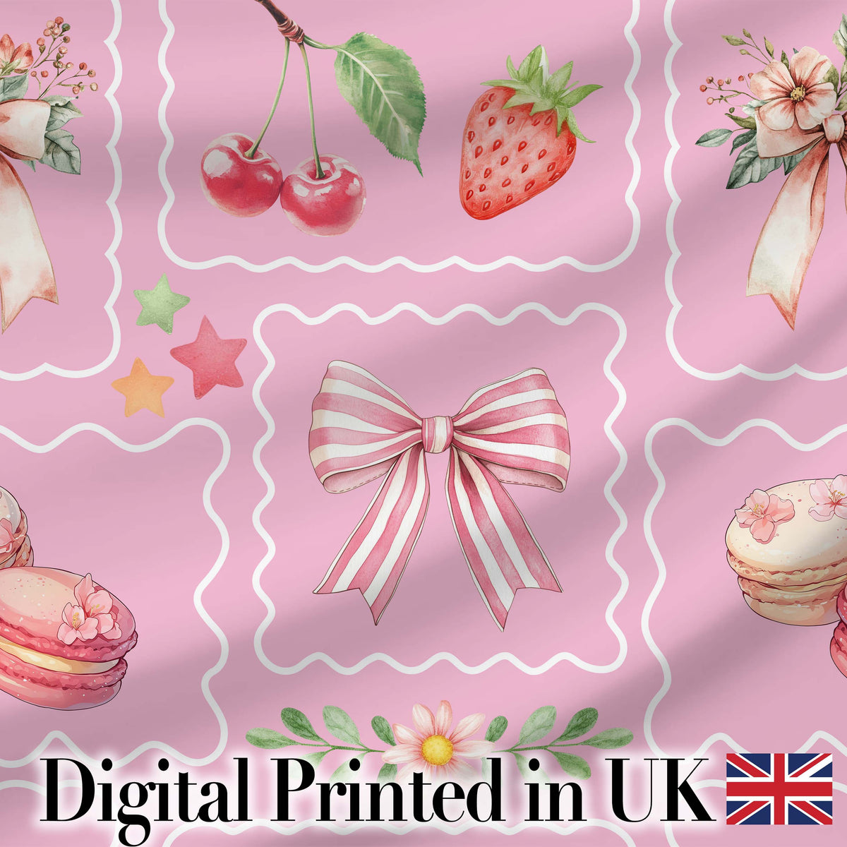 Cute Strawberry Cherry Ribbon Bow Sweet Dessert  Pattern Warm Beige Background Digital Print Fabric by the Metre UK Sewing Quilting Textile