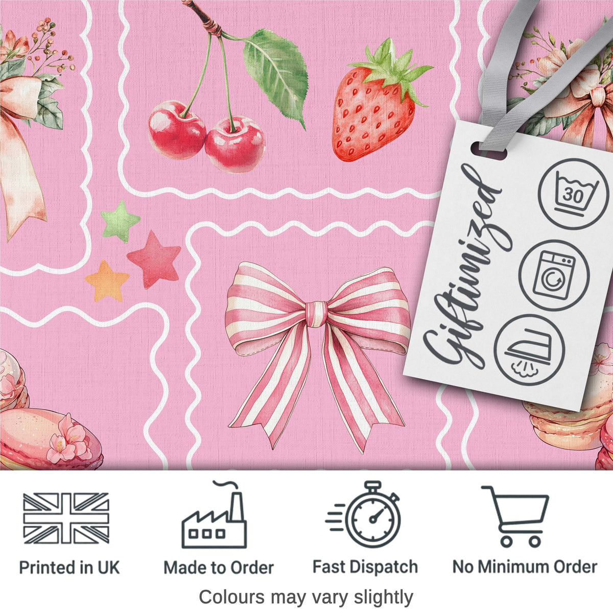 Cute Strawberry Cherry Ribbon Bow Sweet Dessert  Pattern Warm Beige Background Digital Print Fabric by the Metre UK Sewing Quilting Textile