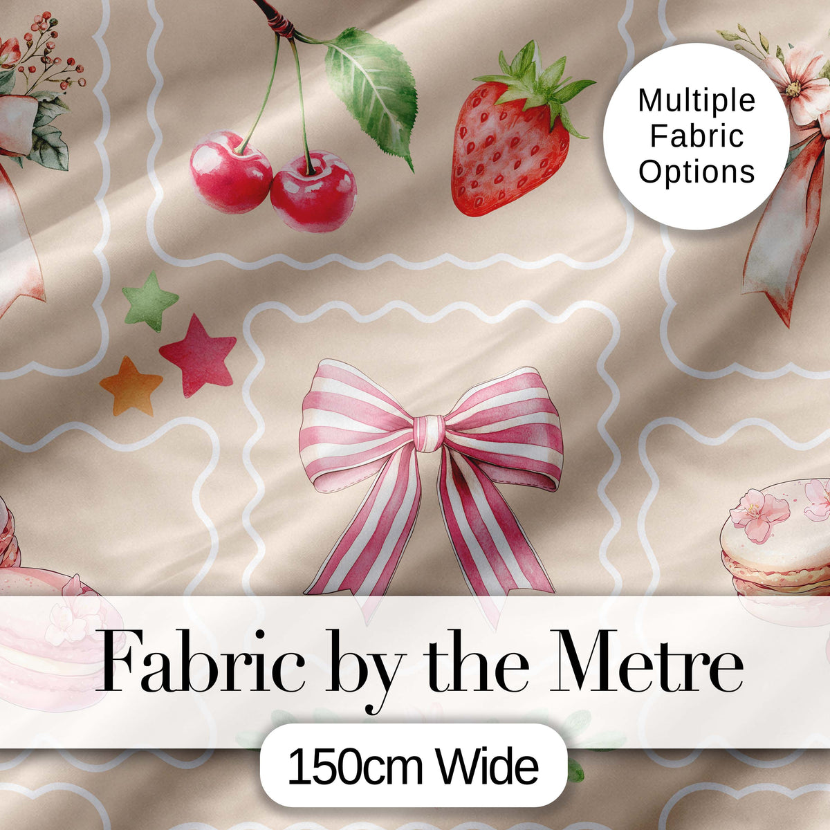 Cute Strawberry Cherry Ribbon Bow Sweet Dessert   Pastel Cream Background Digital Print Fabric by the Metre UK Sewing Quilting Textile