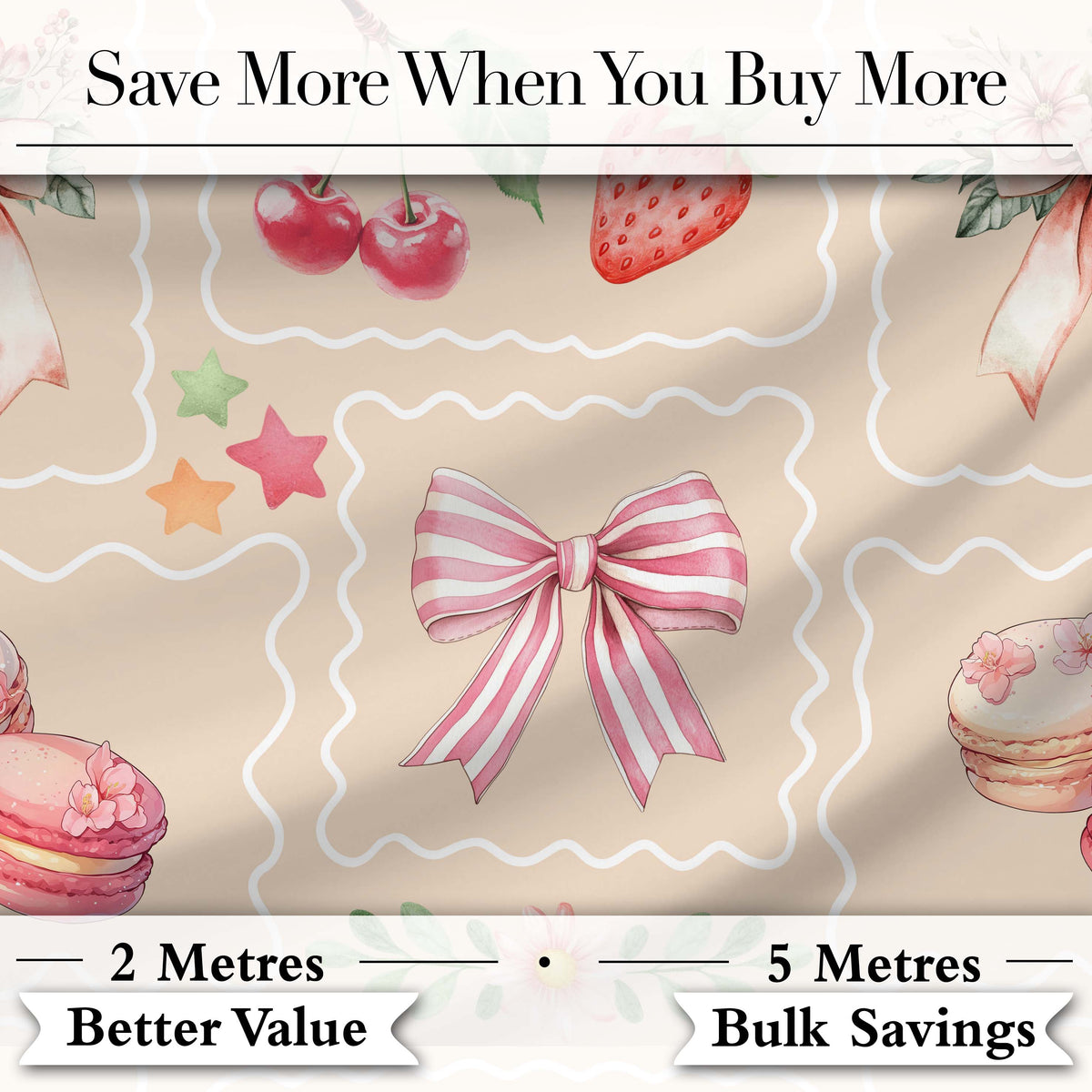 Cute Strawberry Cherry Ribbon Bow Sweet Dessert   Pastel Cream Background Digital Print Fabric by the Metre UK Sewing Quilting Textile