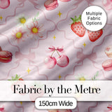 Strawberry Cherry Daisy Floral Bow Sweet Dessert Soft Blush Pink Background Digital Print Fabric by the Metre UK Sewing Quilting Textile