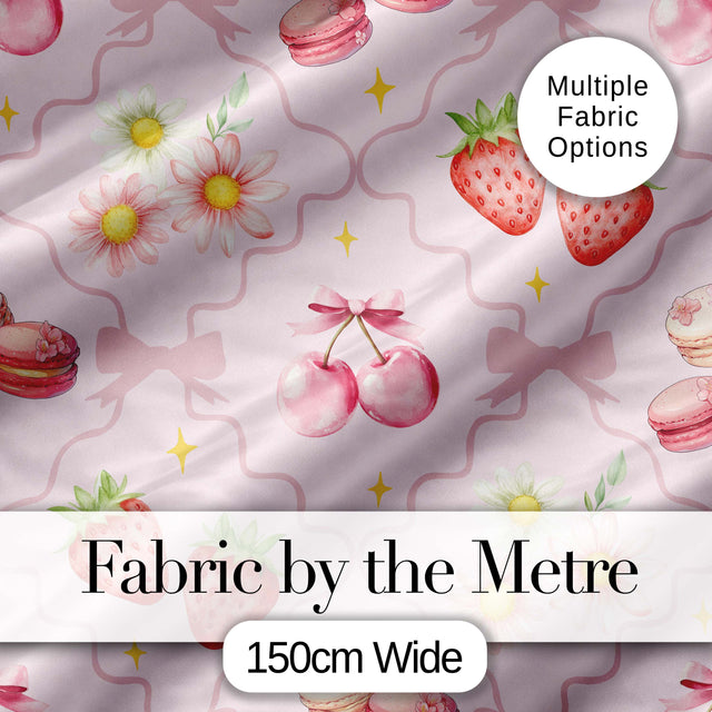Strawberry Cherry Daisy Floral Bow Sweet Dessert Soft Blush Pink Background Digital Print Fabric by the Metre UK Sewing Quilting Textile
