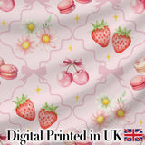 Strawberry Cherry Daisy Floral Bow Sweet Dessert Soft Blush Pink Background Digital Print Fabric by the Metre UK Sewing Quilting Textile
