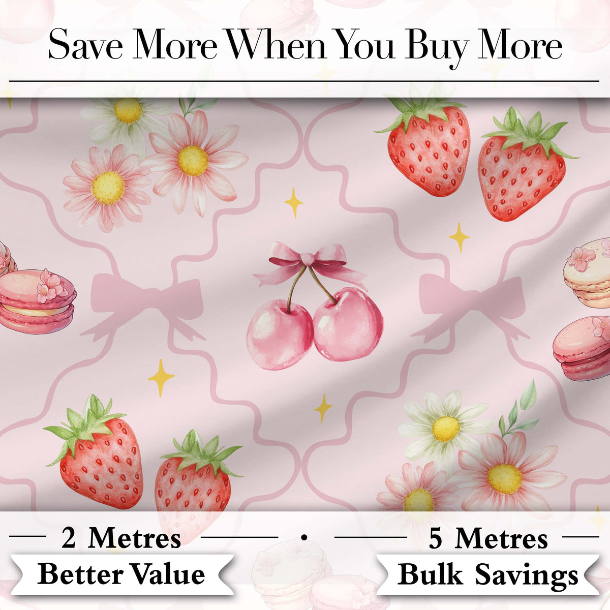 Strawberry Cherry Daisy Floral Bow Sweet Dessert Soft Blush Pink Background Digital Print Fabric by the Metre UK Sewing Quilting Textile