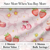 Strawberry Cherry Daisy Floral Bow Sweet Dessert Soft Blush Pink Background Digital Print Fabric by the Metre UK Sewing Quilting Textile