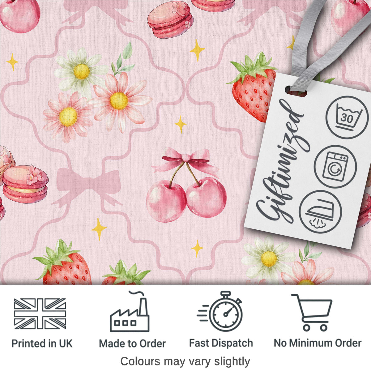 Strawberry Cherry Daisy Floral Bow Sweet Dessert Soft Blush Pink Background Digital Print Fabric by the Metre UK Sewing Quilting Textile