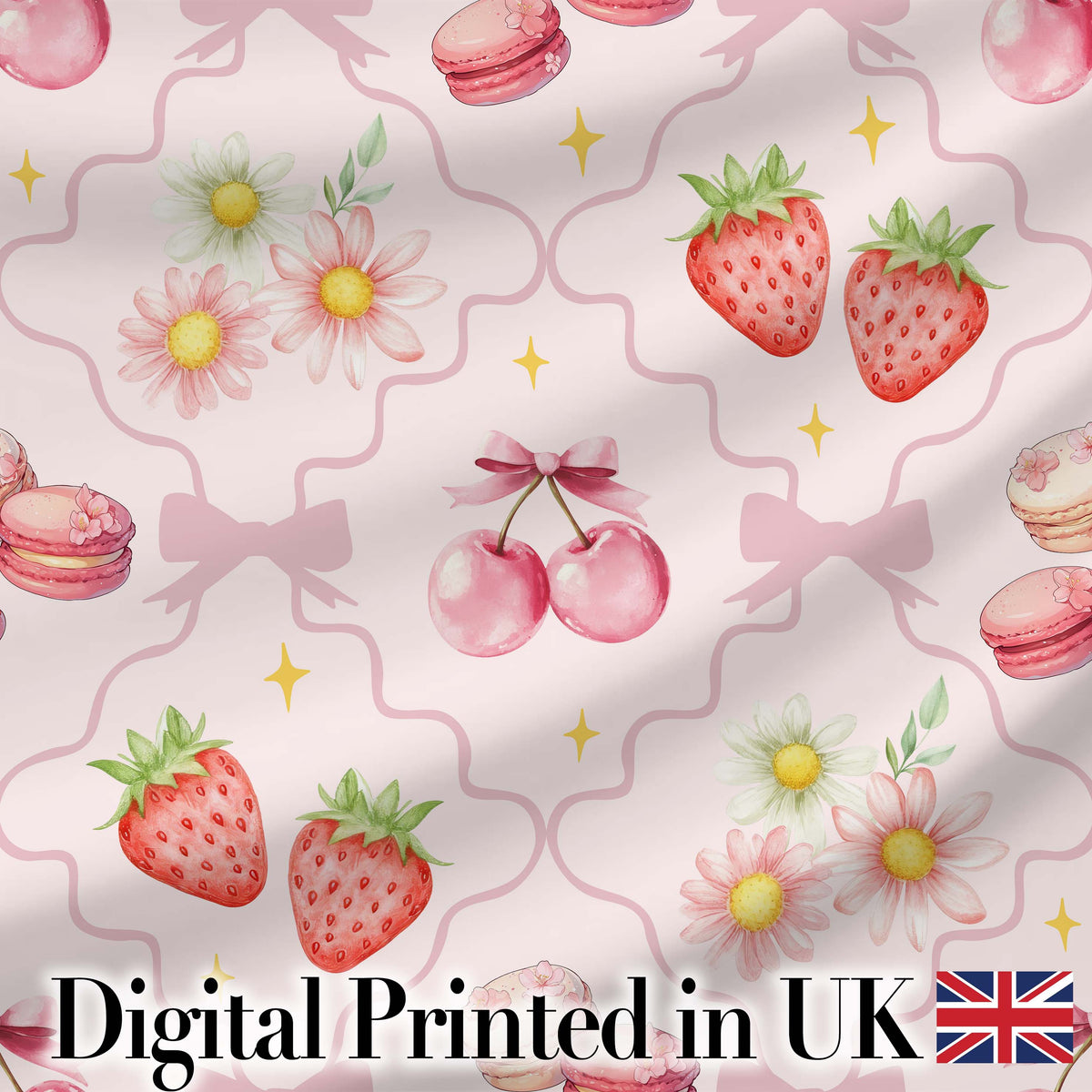 Cute Strawberry Cherry Daisy Floral Bow Sweet Dessert   Warm Cream Background Digital Print Fabric by the Metre UK Sewing Quilting Textile