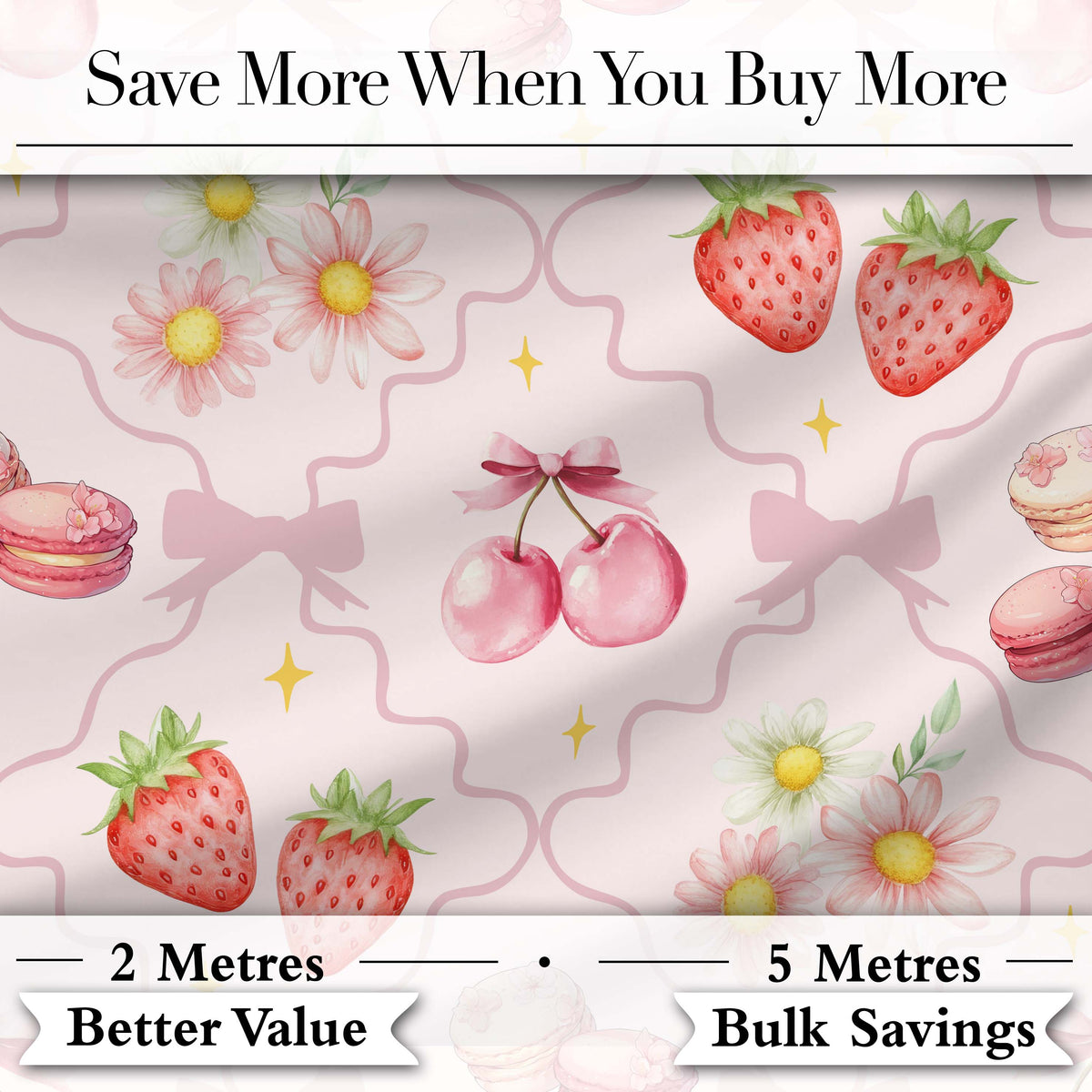 Cute Strawberry Cherry Daisy Floral Bow Sweet Dessert   Warm Cream Background Digital Print Fabric by the Metre UK Sewing Quilting Textile