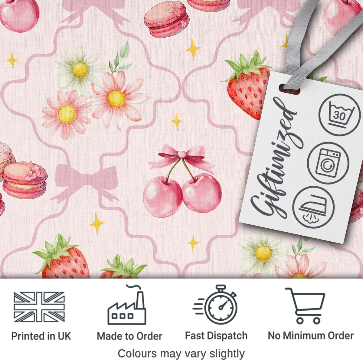 Cute Strawberry Cherry Daisy Floral Bow Sweet Dessert   Warm Cream Background Digital Print Fabric by the Metre UK Sewing Quilting Textile