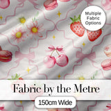 Cute Strawberry Cherry Daisy Floral Bow Sweet Dessert   Soft Beige Background Digital Print Fabric by the Metre UK Sewing Quilting Textile