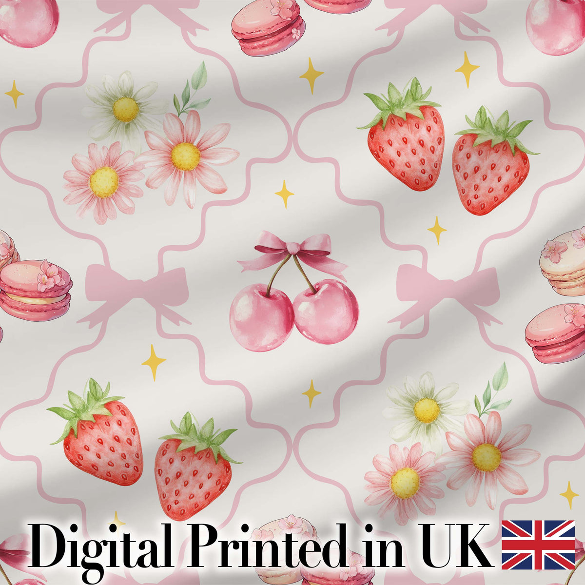 Cute Strawberry Cherry Daisy Floral Bow Sweet Dessert   Soft Beige Background Digital Print Fabric by the Metre UK Sewing Quilting Textile