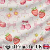 Cute Strawberry Cherry Daisy Floral Bow Sweet Dessert   Soft Beige Background Digital Print Fabric by the Metre UK Sewing Quilting Textile