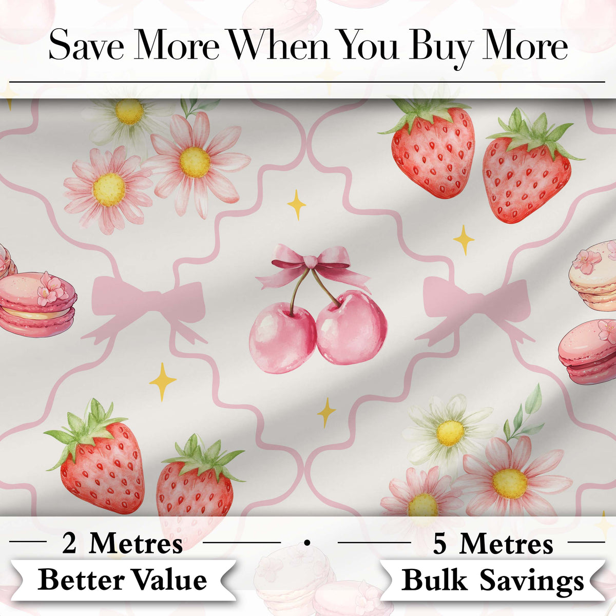 Cute Strawberry Cherry Daisy Floral Bow Sweet Dessert   Soft Beige Background Digital Print Fabric by the Metre UK Sewing Quilting Textile