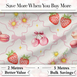 Cute Strawberry Cherry Daisy Floral Bow Sweet Dessert   Soft Beige Background Digital Print Fabric by the Metre UK Sewing Quilting Textile