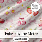Cute Strawberry Cherry Daisy Floral Bow Sweet Dessert   Pale Neutral Background Digital Print Fabric by the Metre UK Sewing Quilting Textile