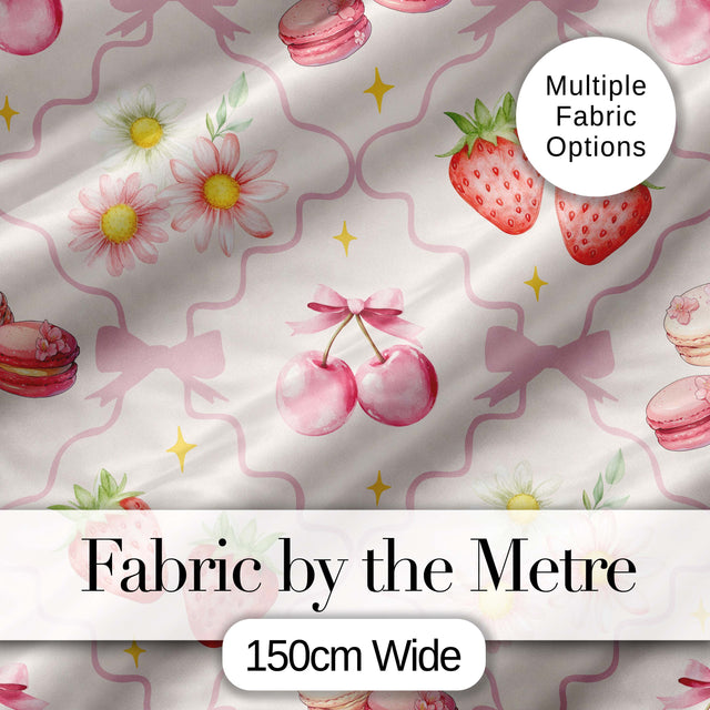 Cute Strawberry Cherry Daisy Floral Bow Sweet Dessert   Pale Neutral Background Digital Print Fabric by the Metre UK Sewing Quilting Textile