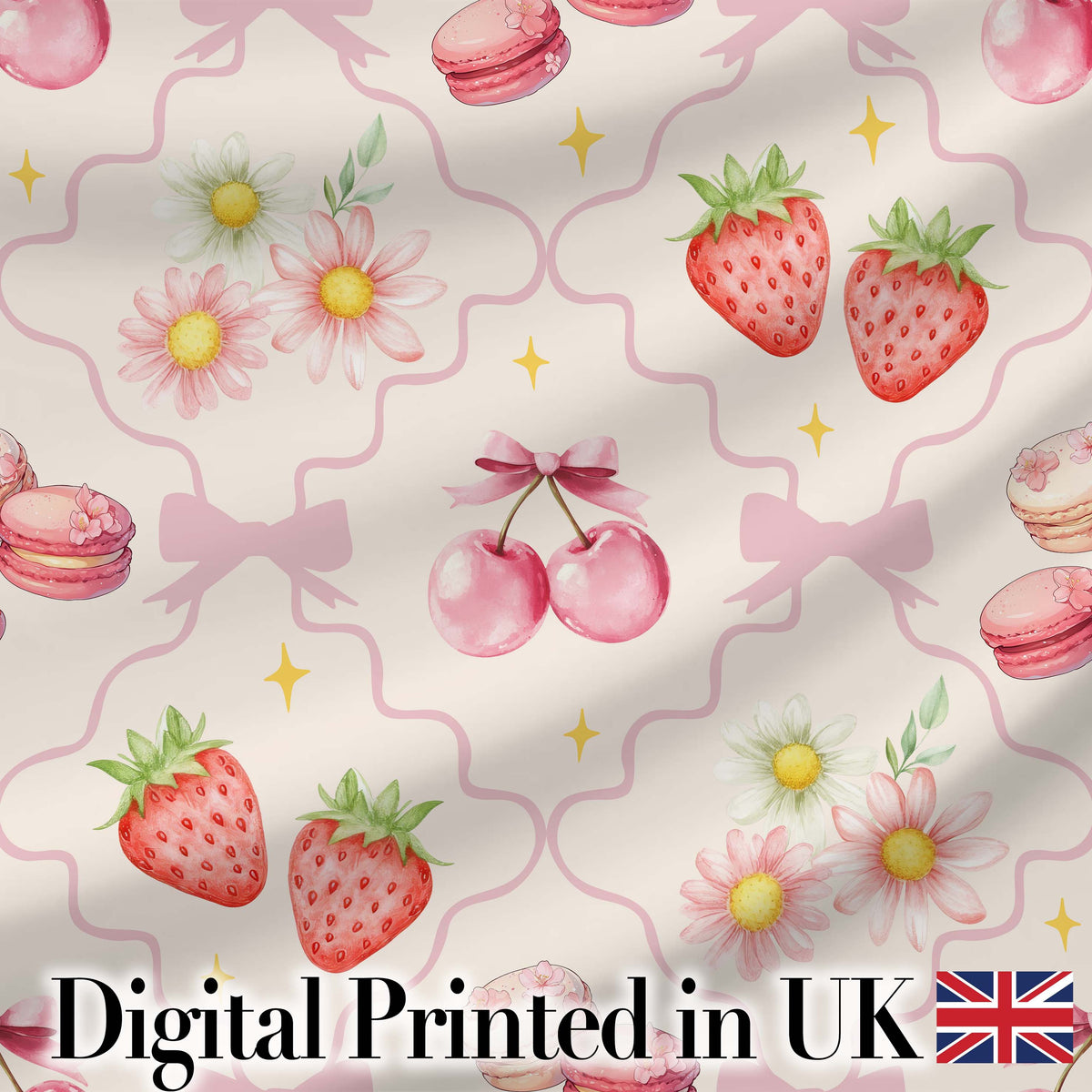 Cute Strawberry Cherry Daisy Floral Bow Sweet Dessert   Pale Neutral Background Digital Print Fabric by the Metre UK Sewing Quilting Textile