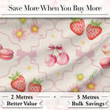 Cute Strawberry Cherry Daisy Floral Bow Sweet Dessert   Pale Neutral Background Digital Print Fabric by the Metre UK Sewing Quilting Textile