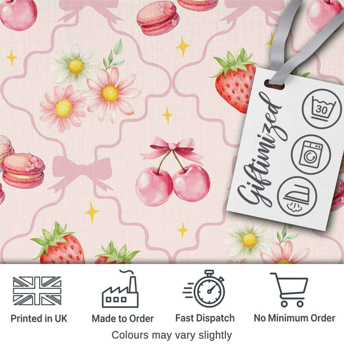 Cute Strawberry Cherry Daisy Floral Bow Sweet Dessert   Pale Neutral Background Digital Print Fabric by the Metre UK Sewing Quilting Textile