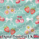 Cute Strawberry Cherry Daisy Floral Bow Sweet Dessert   Teal Green Background Digital Print Fabric by the Metre UK Sewing Quilting Textile