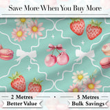 Cute Strawberry Cherry Daisy Floral Bow Sweet Dessert   Teal Green Background Digital Print Fabric by the Metre UK Sewing Quilting Textile