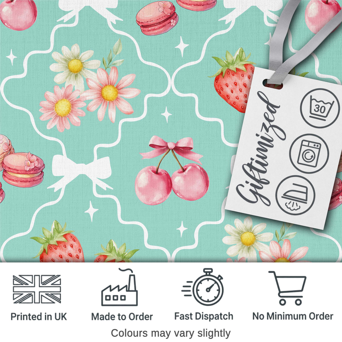 Cute Strawberry Cherry Daisy Floral Bow Sweet Dessert   Teal Green Background Digital Print Fabric by the Metre UK Sewing Quilting Textile