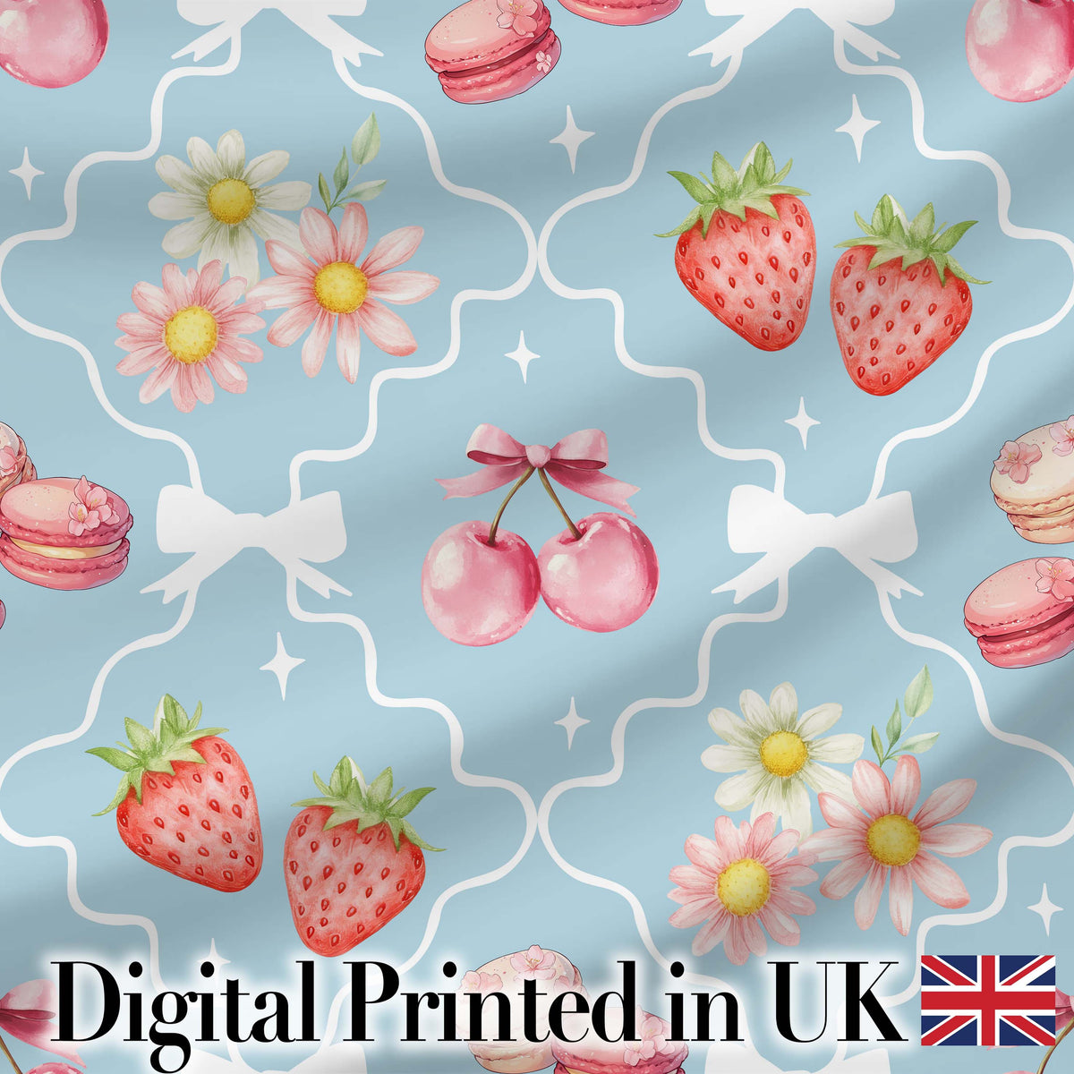 Cute Strawberry Cherry Daisy Floral Bow Sweet Dessert   Dusty Blue Background Digital Print Fabric by the Metre UK Sewing Quilting Textile