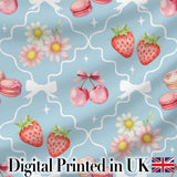 Cute Strawberry Cherry Daisy Floral Bow Sweet Dessert   Dusty Blue Background Digital Print Fabric by the Metre UK Sewing Quilting Textile