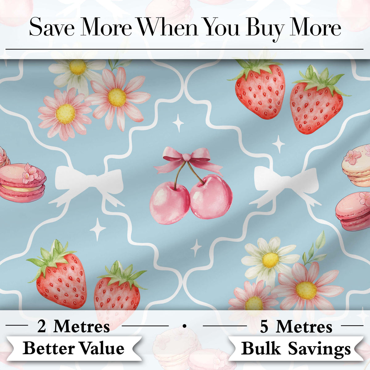 Cute Strawberry Cherry Daisy Floral Bow Sweet Dessert   Dusty Blue Background Digital Print Fabric by the Metre UK Sewing Quilting Textile