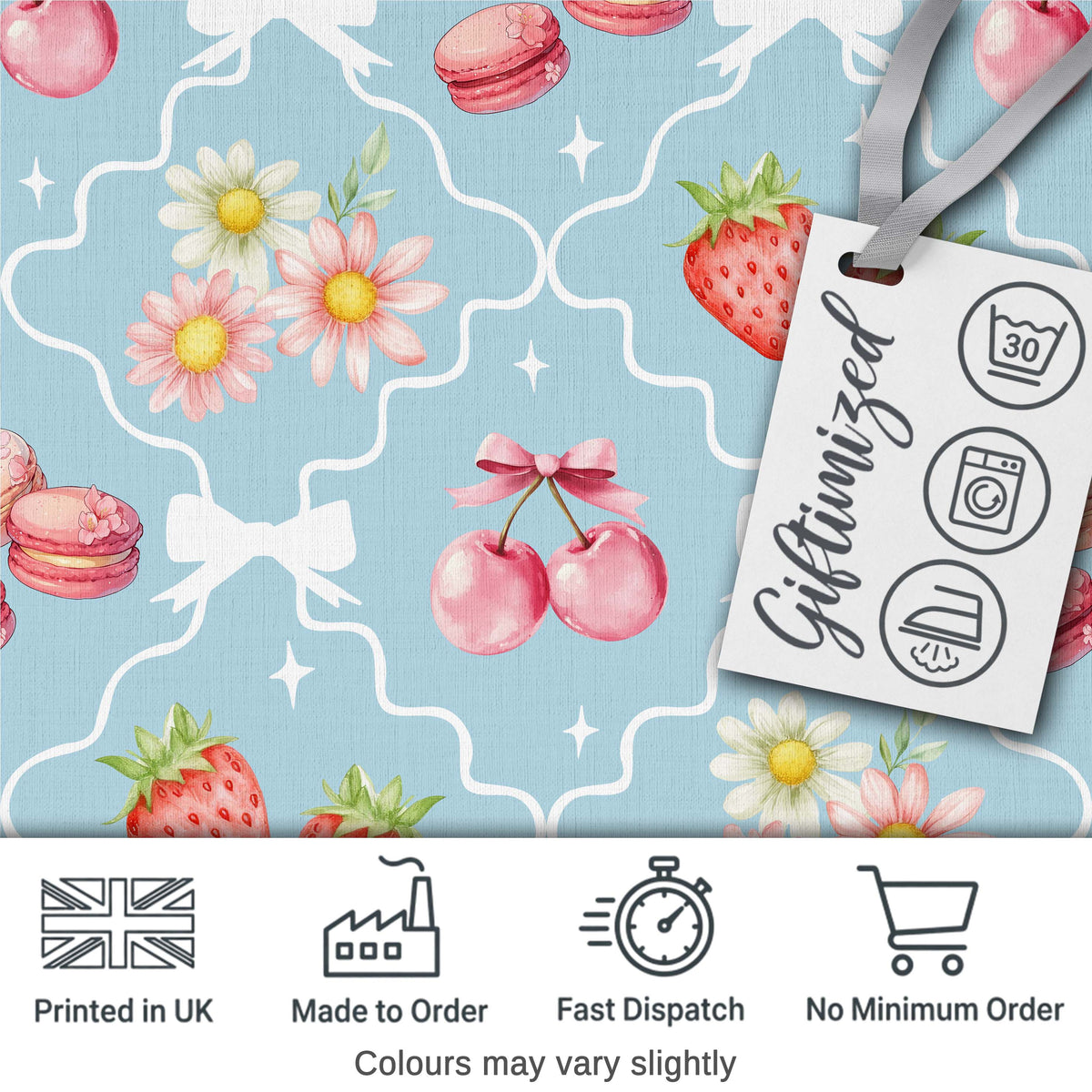 Cute Strawberry Cherry Daisy Floral Bow Sweet Dessert   Dusty Blue Background Digital Print Fabric by the Metre UK Sewing Quilting Textile