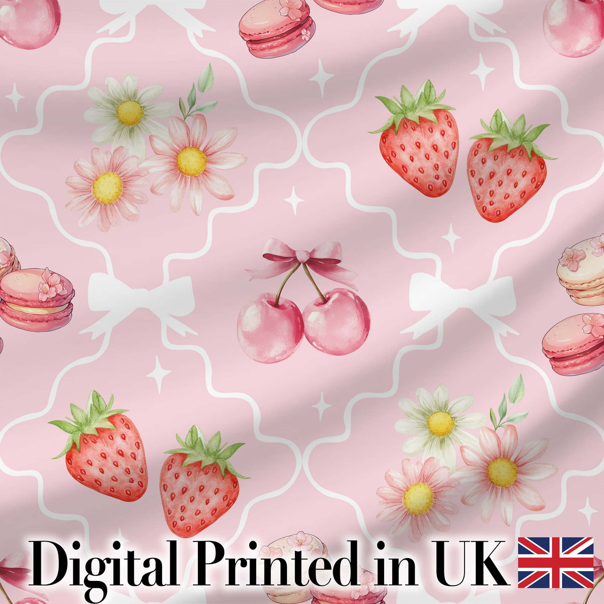 Strawberry Cherry Daisy Floral Bow Sweet Dessert Light Rose Pink Background Digital Print Fabric by the Metre UK Sewing Quilting Textile