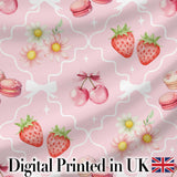 Strawberry Cherry Daisy Floral Bow Sweet Dessert Light Rose Pink Background Digital Print Fabric by the Metre UK Sewing Quilting Textile