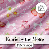 Cute Strawberry Cherry Daisy Floral Bow Sweet Dessert   Soft Pink Background Digital Print Fabric by the Metre UK Sewing Quilting Textile