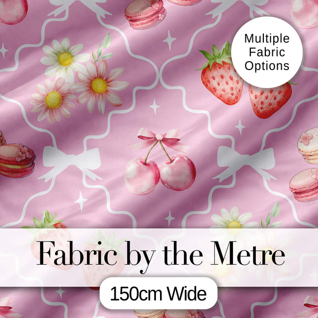 Cute Strawberry Cherry Daisy Floral Bow Sweet Dessert   Soft Pink Background Digital Print Fabric by the Metre UK Sewing Quilting Textile