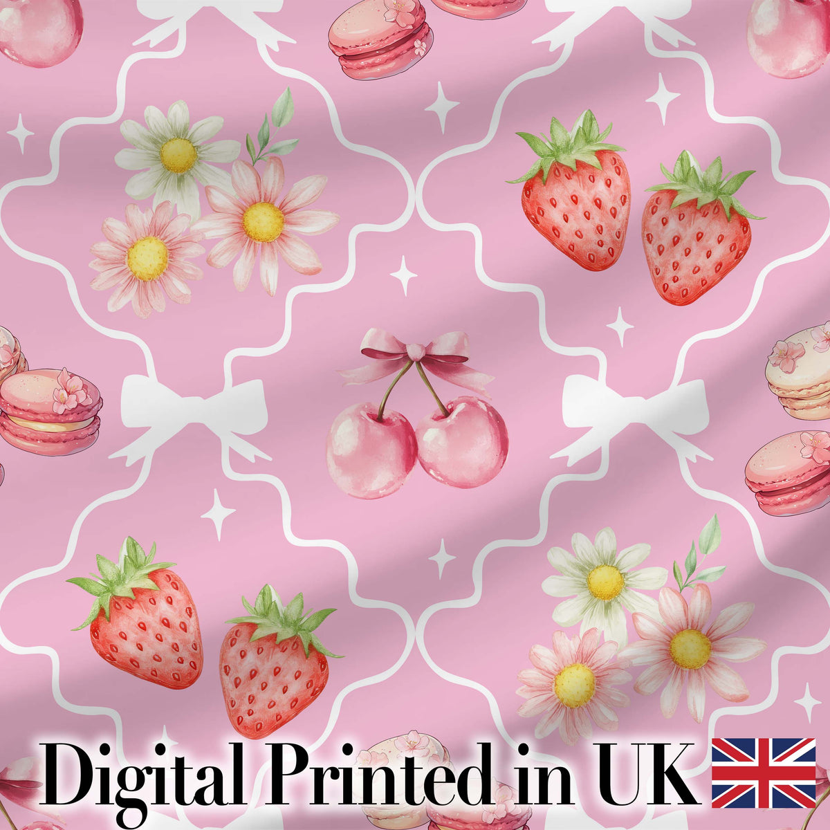 Cute Strawberry Cherry Daisy Floral Bow Sweet Dessert   Soft Pink Background Digital Print Fabric by the Metre UK Sewing Quilting Textile