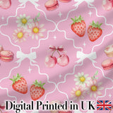 Cute Strawberry Cherry Daisy Floral Bow Sweet Dessert   Soft Pink Background Digital Print Fabric by the Metre UK Sewing Quilting Textile