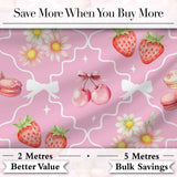Cute Strawberry Cherry Daisy Floral Bow Sweet Dessert   Soft Pink Background Digital Print Fabric by the Metre UK Sewing Quilting Textile
