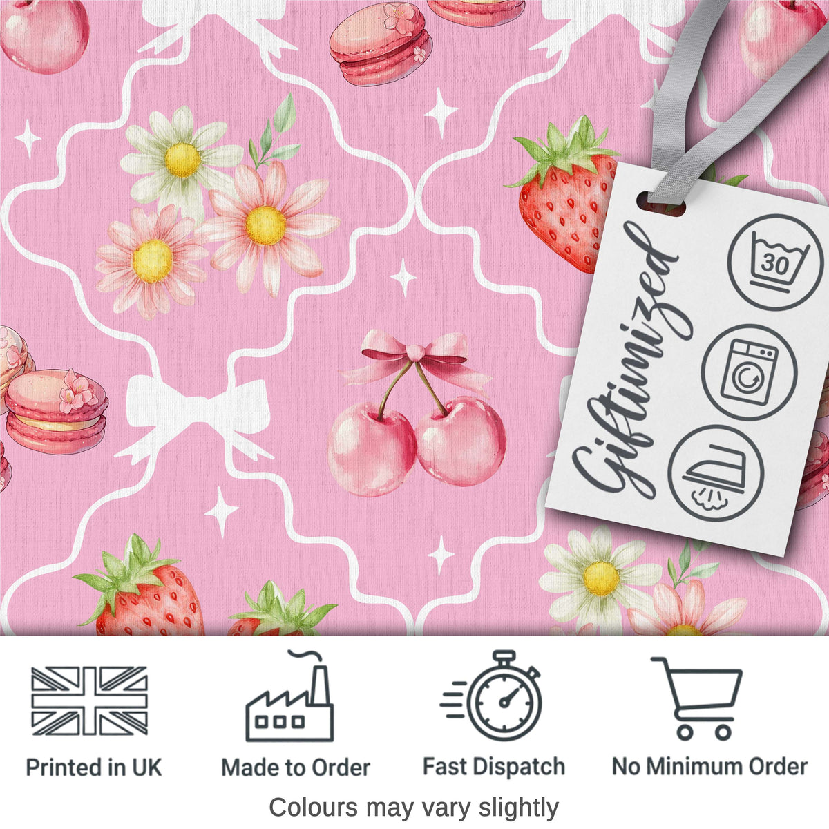 Cute Strawberry Cherry Daisy Floral Bow Sweet Dessert   Soft Pink Background Digital Print Fabric by the Metre UK Sewing Quilting Textile