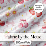 Cute Strawberry Cherry Daisy Floral Bow Sweet Dessert   Light Grey Background Digital Print Fabric by the Metre UK Sewing Quilting Textile