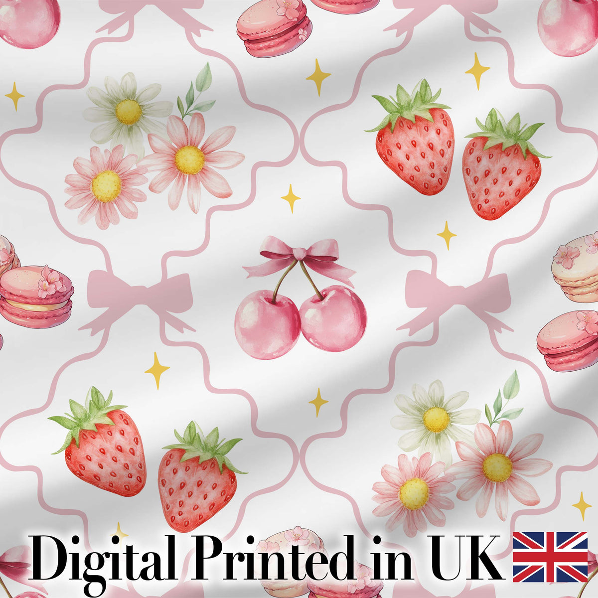 Cute Strawberry Cherry Daisy Floral Bow Sweet Dessert   Light Grey Background Digital Print Fabric by the Metre UK Sewing Quilting Textile