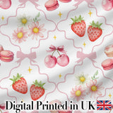 Cute Strawberry Cherry Daisy Floral Bow Sweet Dessert   Light Grey Background Digital Print Fabric by the Metre UK Sewing Quilting Textile