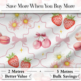 Cute Strawberry Cherry Daisy Floral Bow Sweet Dessert   Light Grey Background Digital Print Fabric by the Metre UK Sewing Quilting Textile