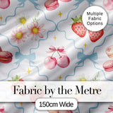Strawberry Cherry Daisy Floral Bow Sweet Dessert   Soft Blue Outline Background Digital Print Fabric by the Metre UK Sewing Quilting Textile