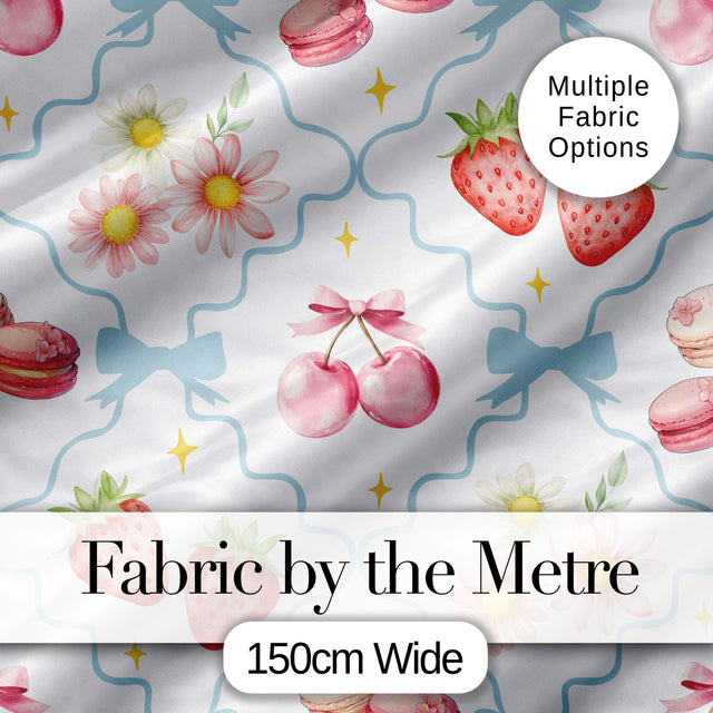 Strawberry Cherry Daisy Floral Bow Sweet Dessert   Soft Blue Outline Background Digital Print Fabric by the Metre UK Sewing Quilting Textile
