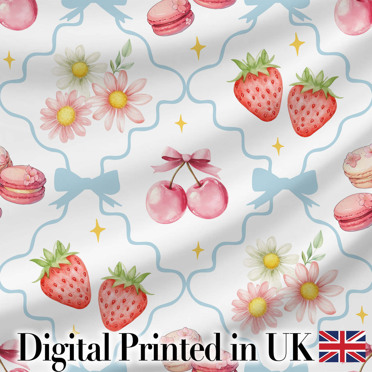 Strawberry Cherry Daisy Floral Bow Sweet Dessert   Soft Blue Outline Background Digital Print Fabric by the Metre UK Sewing Quilting Textile